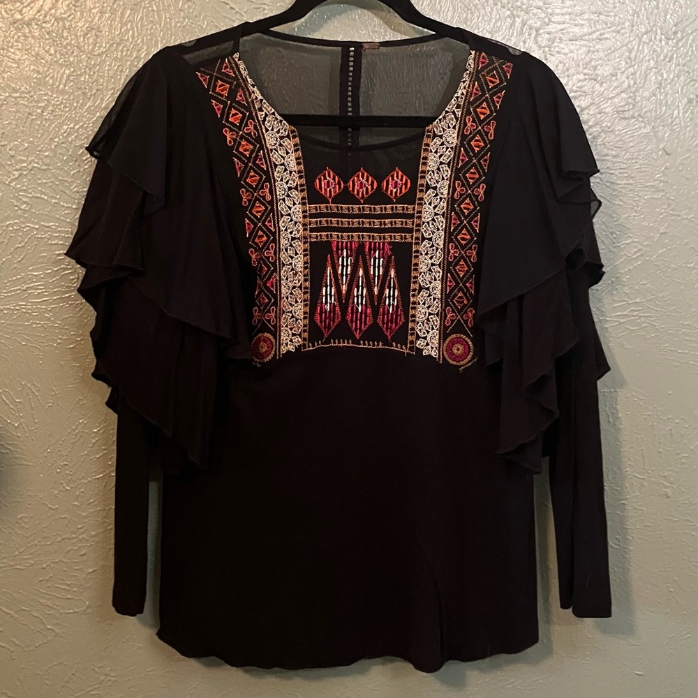 Free People Black Blouse with Pink Orange and White Embroidery
